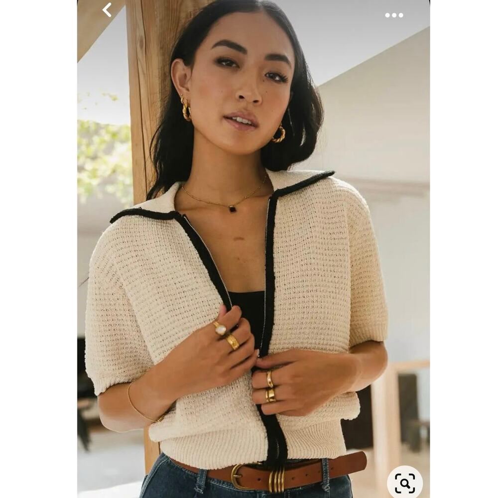 NWT Bohme Crochet Knit Zip Cardigan Short Sleeve Cream Black Womens Size Medium